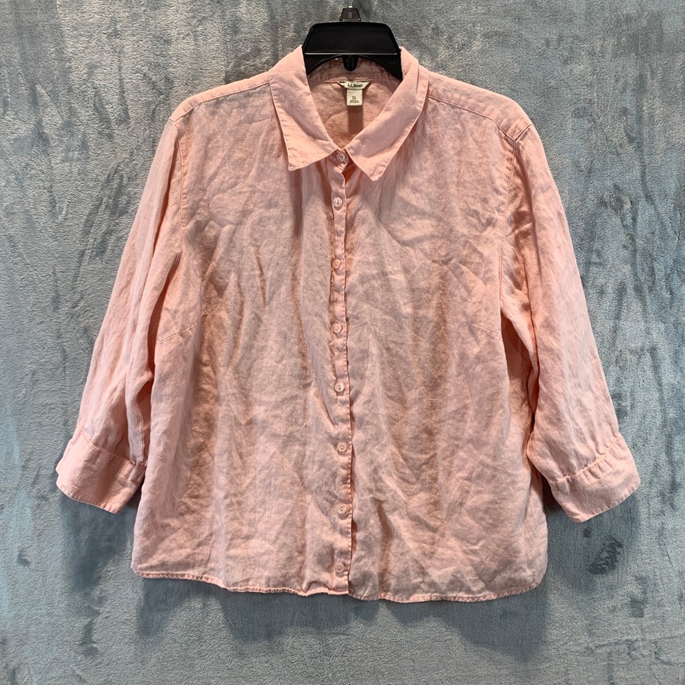 LL Bean Womens XL Pet Pink 100% Linen 3/4 Sleeve Button Down Shirt 288619
